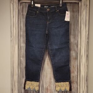 Dark Blue Capri Jeans with Gold Lace Trim